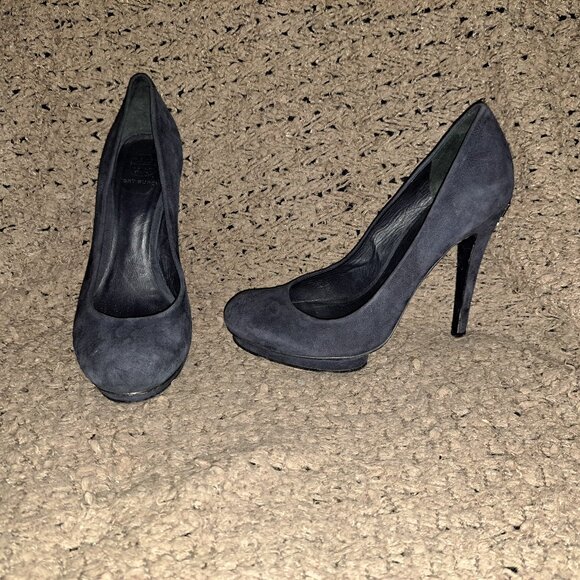 TORY BURCH-Navy Suede Platform Stiletto-Heel Logo Adornment-Sz 9-Excellent - Picture 1 of 8